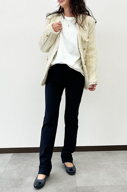 定番ネイビーパンツに合う、ツイードジャケットコーデ<br>【ミルキーダブルウォーム・ストレート】