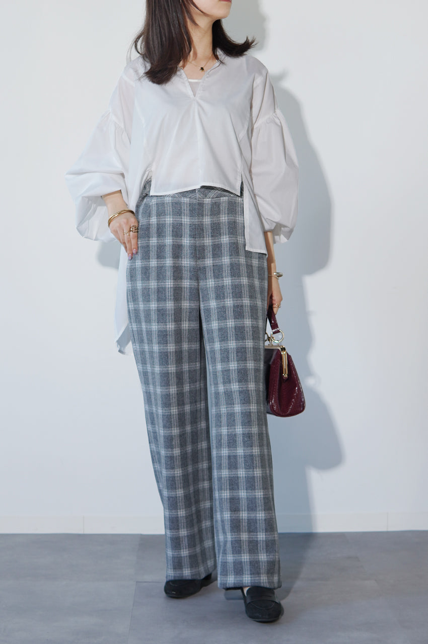 暑い秋にもあわせやすい!爽やかグレーチェックパンツ<br>【ドライウーリー・ワイド】